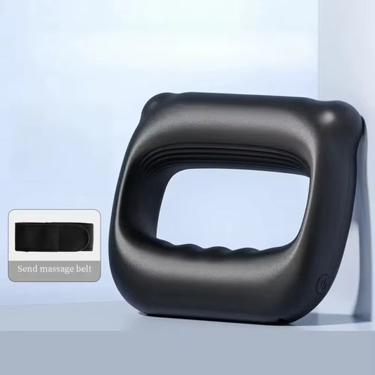Next Gen Health and Wellbeing portable percussion fascia ring USB charging massage belt showing vibrating neck and shoulder massage device in use.